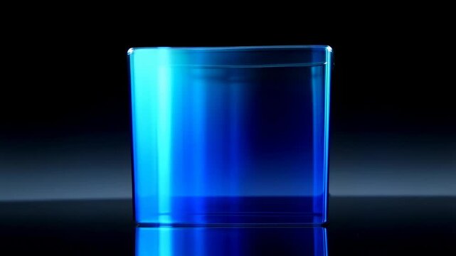 Slow motion tracking pan of blue transparent glass cup shifting and reflecting on reflective tabletop in dark studio product shot