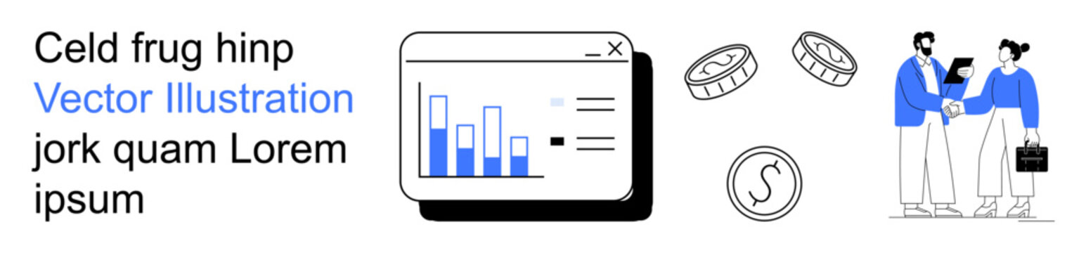 Financial planning, income growth, data visualization, economics, team collaboration, business analysis. Bar chart, coins and two businesspeople shaking hands. Financial planning and income growth