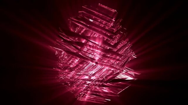 Tracking shot of rotating crystalline sculpture pulsating with magenta light in dark studio interior with glossy glass shards and radial light rays