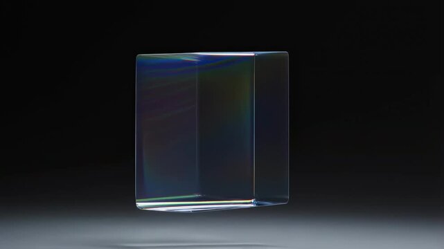 Slow motion tracking shot of iridescent glass cube rotating and hovering over reflective surface on seamless dark studio backdrop