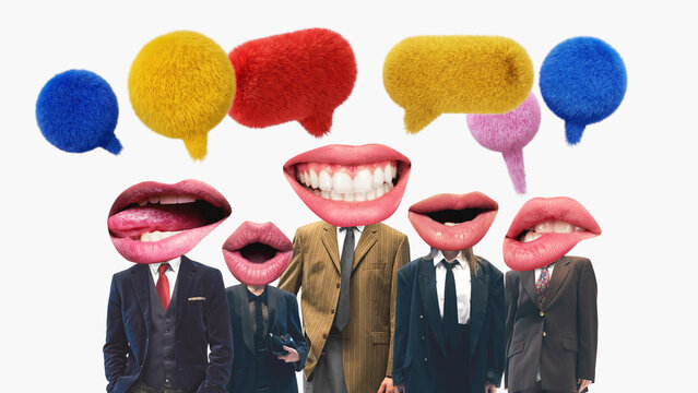 Surreal business team with oversized lips under colorful speech bubbles on clean background with copy space. Ideal for marketing, social media, corporate communication and branding.
