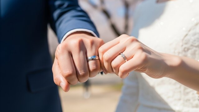 Wedding - Newlywed Couple Holding Pinkies Showing Matching Silver Wedding Rings and Diamond Engagement Ring