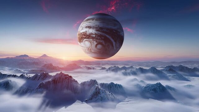 Aerial slow pan of floating planet hovering above snow covered mountain range at sunrise with misty clouds and glowing atmosphere