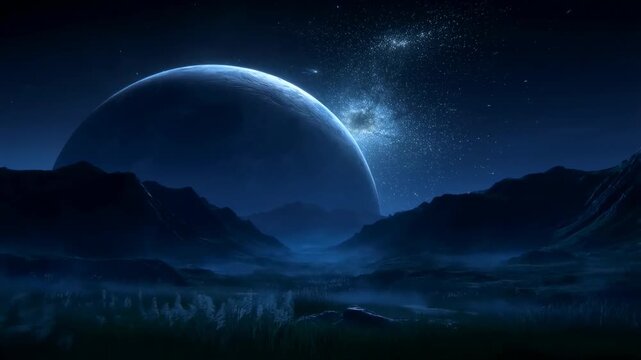 Panning shot slowly across distant giant planet rising above misty mountainous valley on alien night landscape with starry sky