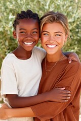 Naklejka premium Smiling diverse young girls hugging outdoors, happy friends enjoying sunny day together