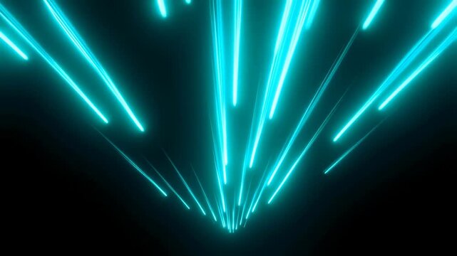 Tracking shot of neon teal light streaks moving toward camera forming converging beams over black studio background dynamic motion study