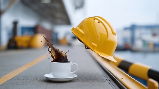 Hard hat rolling off edge of loading dock down concrete ramp in aftermath moment, spilled coffee cup nearby, empty bay with abandoned clipboard suggesting near-miss incident, perfect for dock