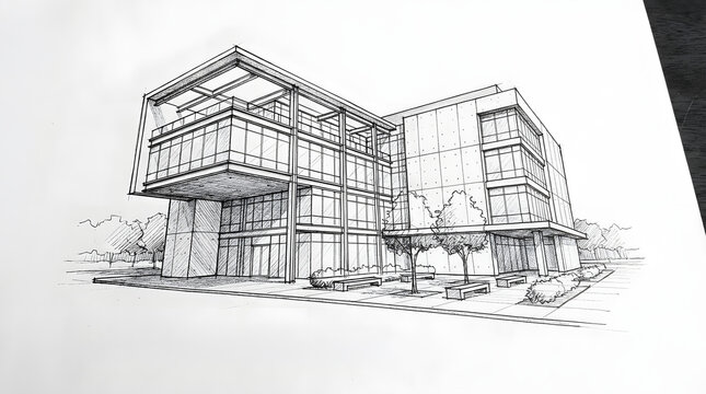 Architectural sketch of a modern office building s south elevation featuring a study of its design