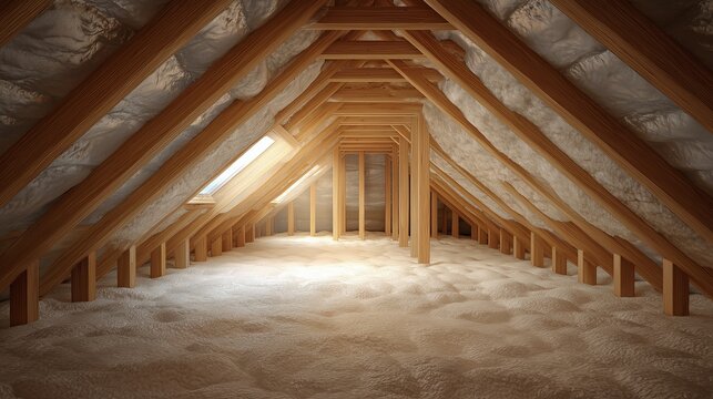 Unfinished attic with exposed rafters and new insulation batts on attic floor conveying attic insulation for heat saving costs and energy efficiency.