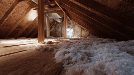 Fototapeta premium Attic space with exposed rafters, loose-fill insulation, wooden floor and a single worker access hatch suggesting attic insulation and energy audit assessment.