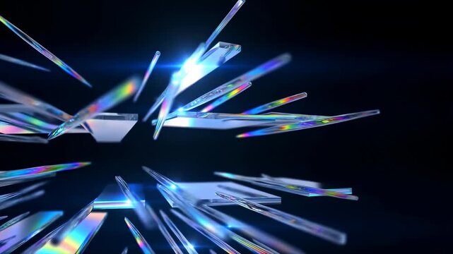 Tracking shot of iridescent glass shards scattering and rotating toward camera in dark studio space with reflective prism panels and blue light flares