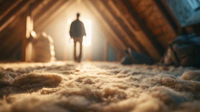 Attic insulation technician assessing fiberglass insulation in attic space with crawl access and warm backlight, symbolizing energy efficiency and home comfort.