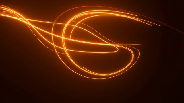 Slow motion static shot of glowing light trails swirling into looping curves and ribbons across dark abstract studio background for motion design