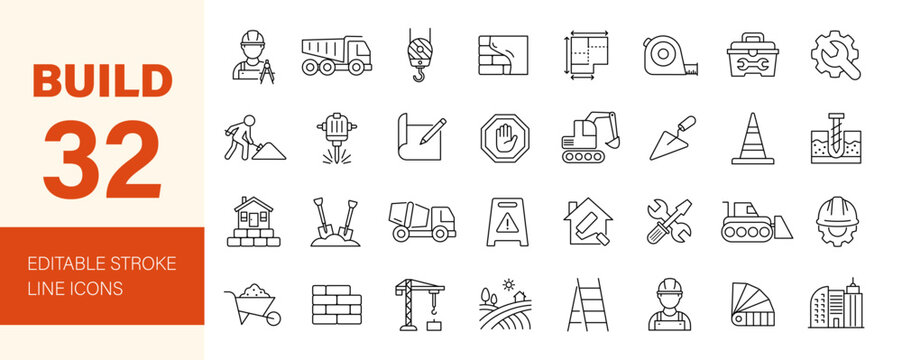 Build and construction icon set. Editable line icons. Vector illustration.