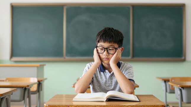 Young Student Struggling to Focus on Homework in Empty Classroom