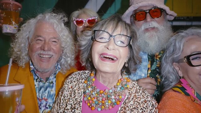 Group of happy senior friends with fancy clothing having party in the night	