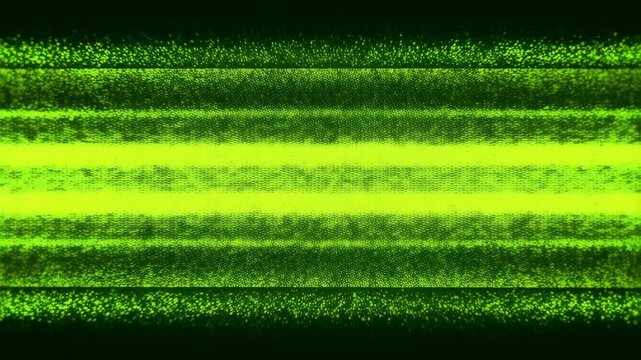 Panning shot of green glowing particle bands sweeping horizontally across dark electronic display background with flickering grainy texture and luminous central stripe