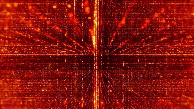 Zooming tracking shot of glowing orange particles and grid lines converging toward central axis inside abstract digital tunnel with radiating streaks and bokeh
