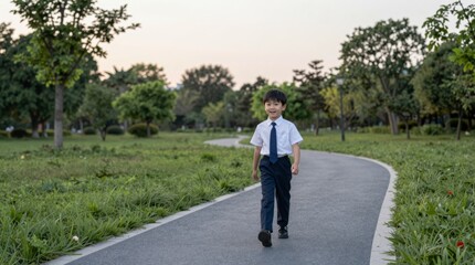 Obraz premium Young Boy in Formal Attire Walking on Pathway in Green Park