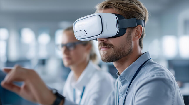 Two developers interacting with a virtual AI assistant on a PC to design a game hub using machine learning, futuristic game design concept, with copy space