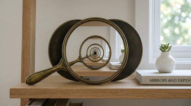 Surreal Magnifying Glass with Infinite Recursive Reflection Droste Effect on Wooden Shelf, Creative Optical Illusion Conceptual Art for Modern Home Interior