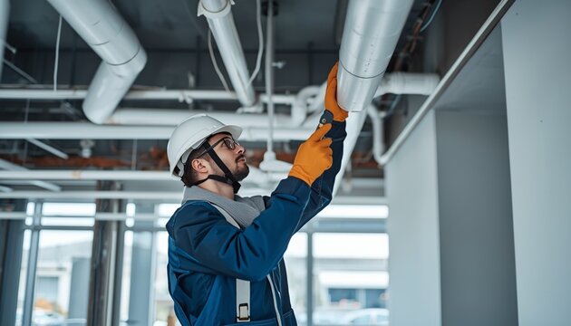 A plumber installing new PVC pipes in a modern building, wearing safety gear and focused on the task