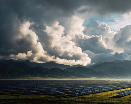 Solar farm integrated into rolling green fields beneath dramatic skies