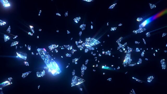 Tracking shot of floating crystal shards and diamonds tumbling and scattering through dark void with glowing blue light and lens flares
