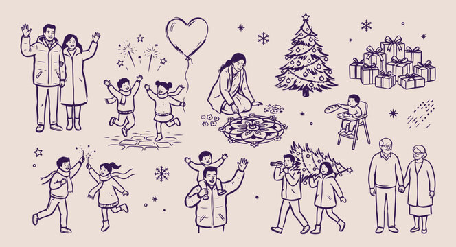 Joyful winter dance celebration people, happy crowd dancing in snow, winter holiday party vector illustration, seasonal energy and movement doodles, people in winter wear art, hand drawn cold weather 