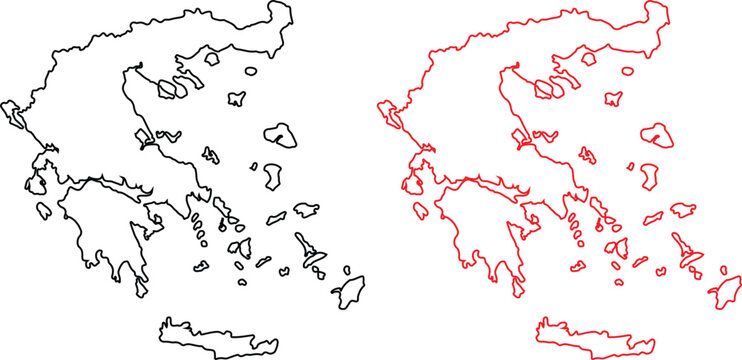 Greece Map Outline Set Europe Country Geography Line Vector Illustration