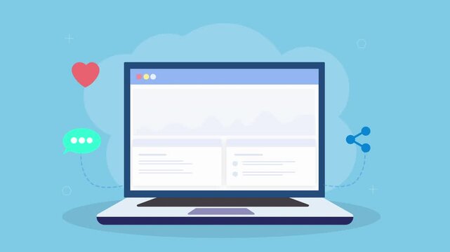 Flat vector animation of a laptop dashboard with like, chat, and share icons. Concept of social media engagement, communication, and content sharing performance tracking.