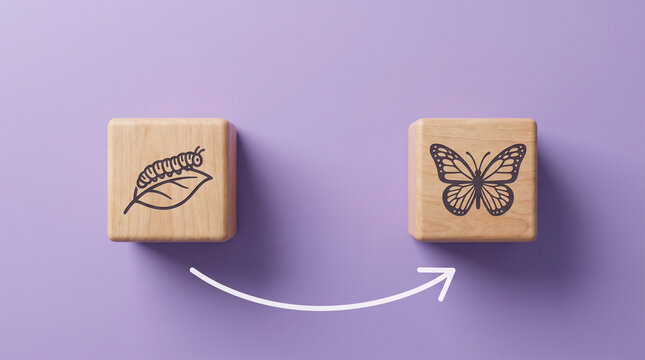 Two wooden cubes showing caterpillar to butterfly transformation icons on a soft lavender background, symbolizing organizational change management.