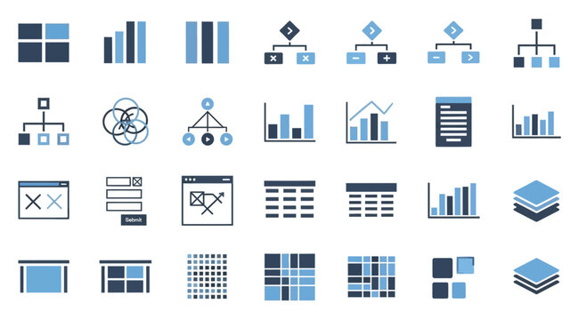Data Visualization Icons: Charts, Graphs, Flowcharts, Layouts, and Organization