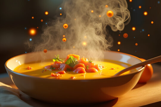 Delicious steaming soup with fresh vegetables in a cozy setting