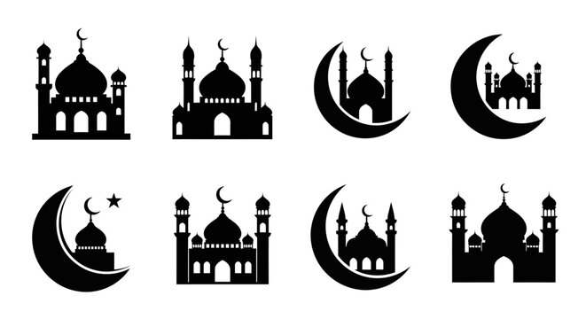 Islamic mosque and crescent moon icons in silhouette