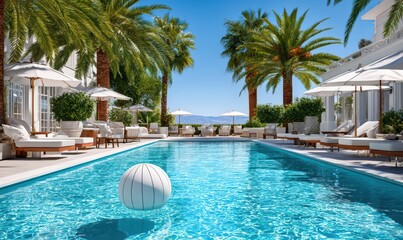 Obraz premium Luxury hotel pool with a white beach ball floating among palm trees and sun loungers