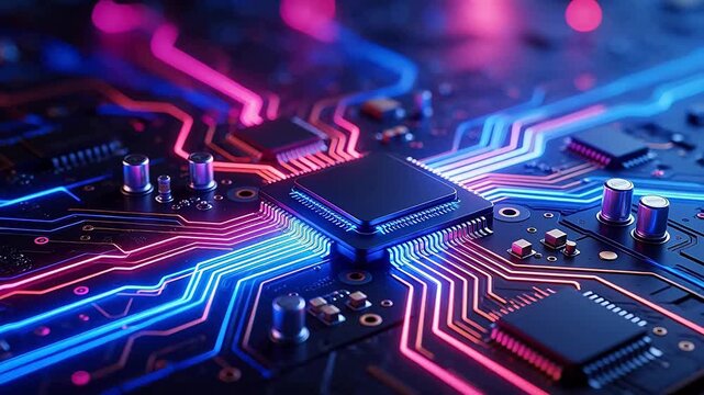 Circuit board with glowing neon lines
