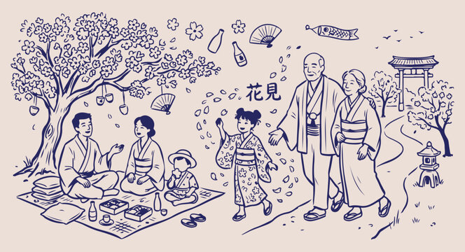 Japanese hanami festival scene, cherry blossom viewing doodle, traditional kimono celebration, spring garden gathering, cultural japan line art, nature appreciation sketch, family outdoor park

Tags: 