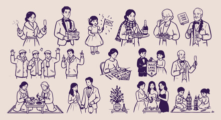 Fototapeta premium Holiday shopping and family gifts set, winter season commerce illustration, people carrying shopping bags and gifts, festive family shopping vector art, seasonal gift giving doodles, winter fashion an