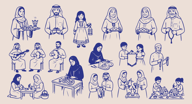 Arabic family and cultural lifestyle set, middle eastern tradition and family, muslim family life vector illustration, ethnic clothing and gathering doodles, traditional arabic hospitality and home, h