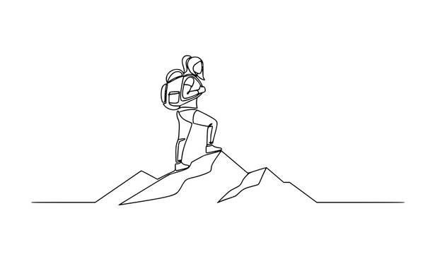 Stylized one line drawing woman hiking mountain peak with backpack minimal geometric travel vector illustration