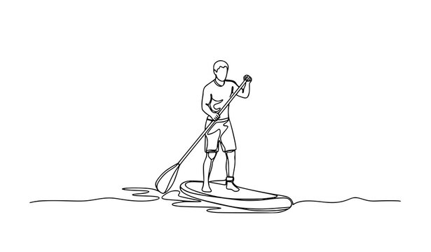 Continuous line drawing man paddle boarding SUP water sport minimal line art vector illustration