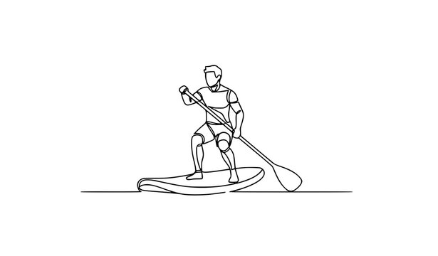 Stylized continuous line drawing man SUP paddle board minimal geometric water sport vector illustration