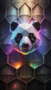 Stylized low-poly giant panda mask icon with vibrant neon glow lights, interlocking geometric hex pattern background, cyberpunk animal head, futuristic branding design