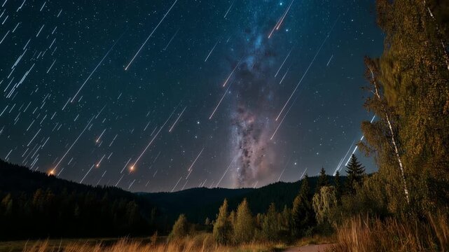 A stunning meteor shower displays a breathtaking array of falling stars, casting brief yet vibrant trails across the night sky, tailored for content creators focused on astronomy and the beauty of