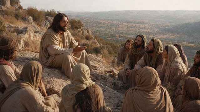 Jesus Christ with His Disciples in biblical scene, Jesus teaching in serene landscape with group of followers gathered around Him.