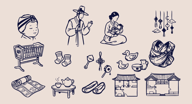 Korean traditional family culture illustration, hanbok wearing parents and baby set, joseon dynasty style lifestyle doodles, traditional nursery and infant accessories, oriental family heritage vector