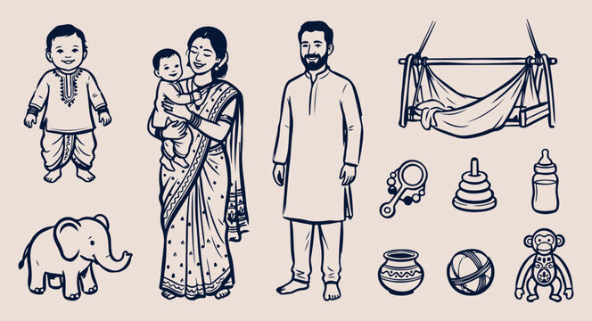Indian couple and village heritage, traditional rural family life illustration, ethnic clothing and home lifestyle, farming community and culture doodle, south asian social life vector art, hand drawn