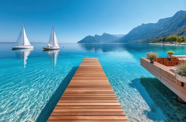 Obraz premium Wooden dock leading into clear blue waters of Lake Attersee with sailboats and alpine mountains