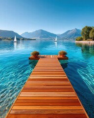 Fototapeta premium Wooden dock stretching into a clear blue lake in Austria with mountains and sailboats on a sunny day